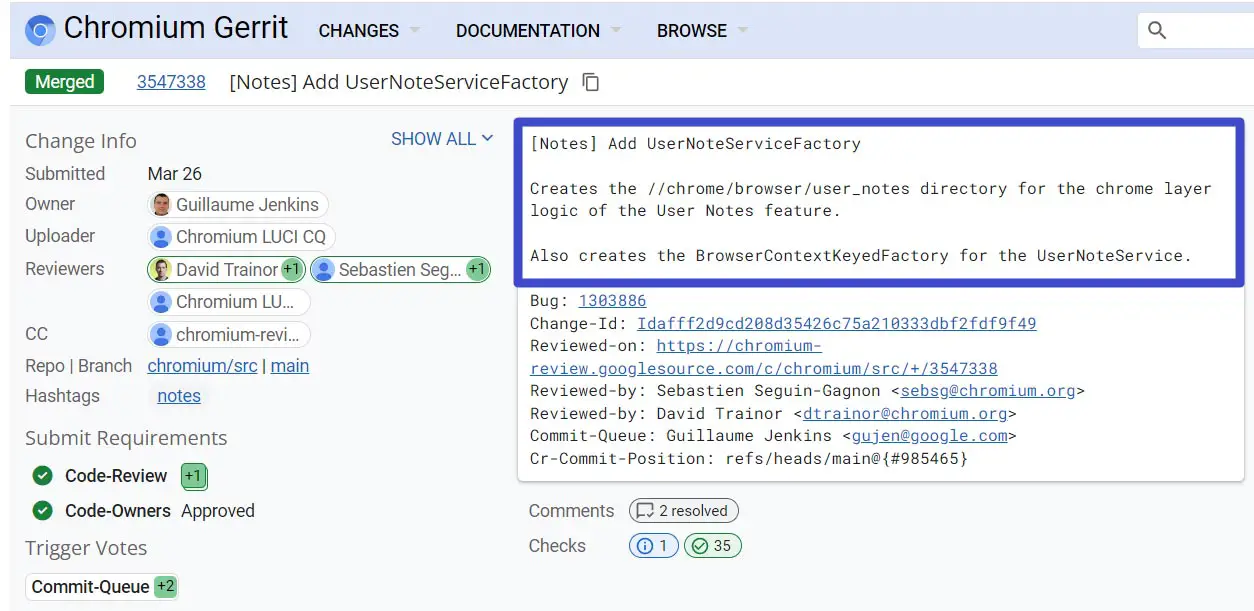 Add Notes Google Chrome Gerrit