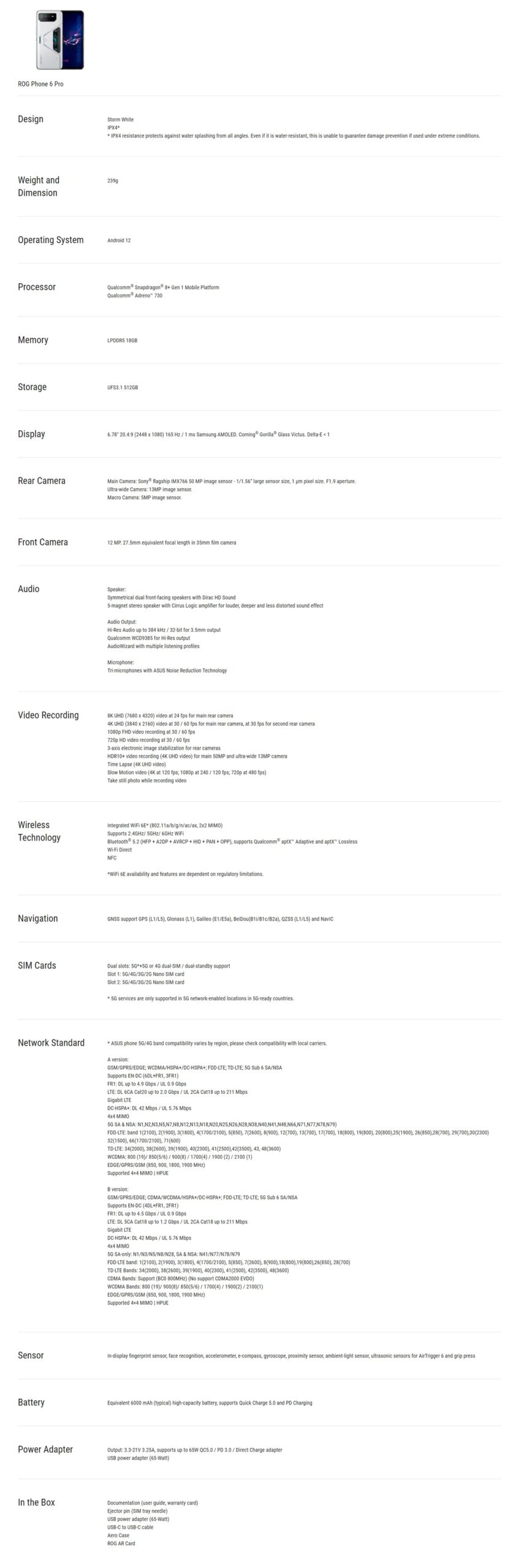 Asus ROG Phone 6 Complete Specs Sheet