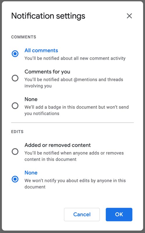 Google Docs Notification Settings Drop Down Options