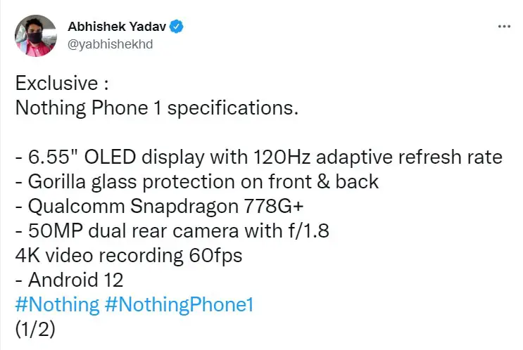 Nothinng Phone 1 Specs Leak