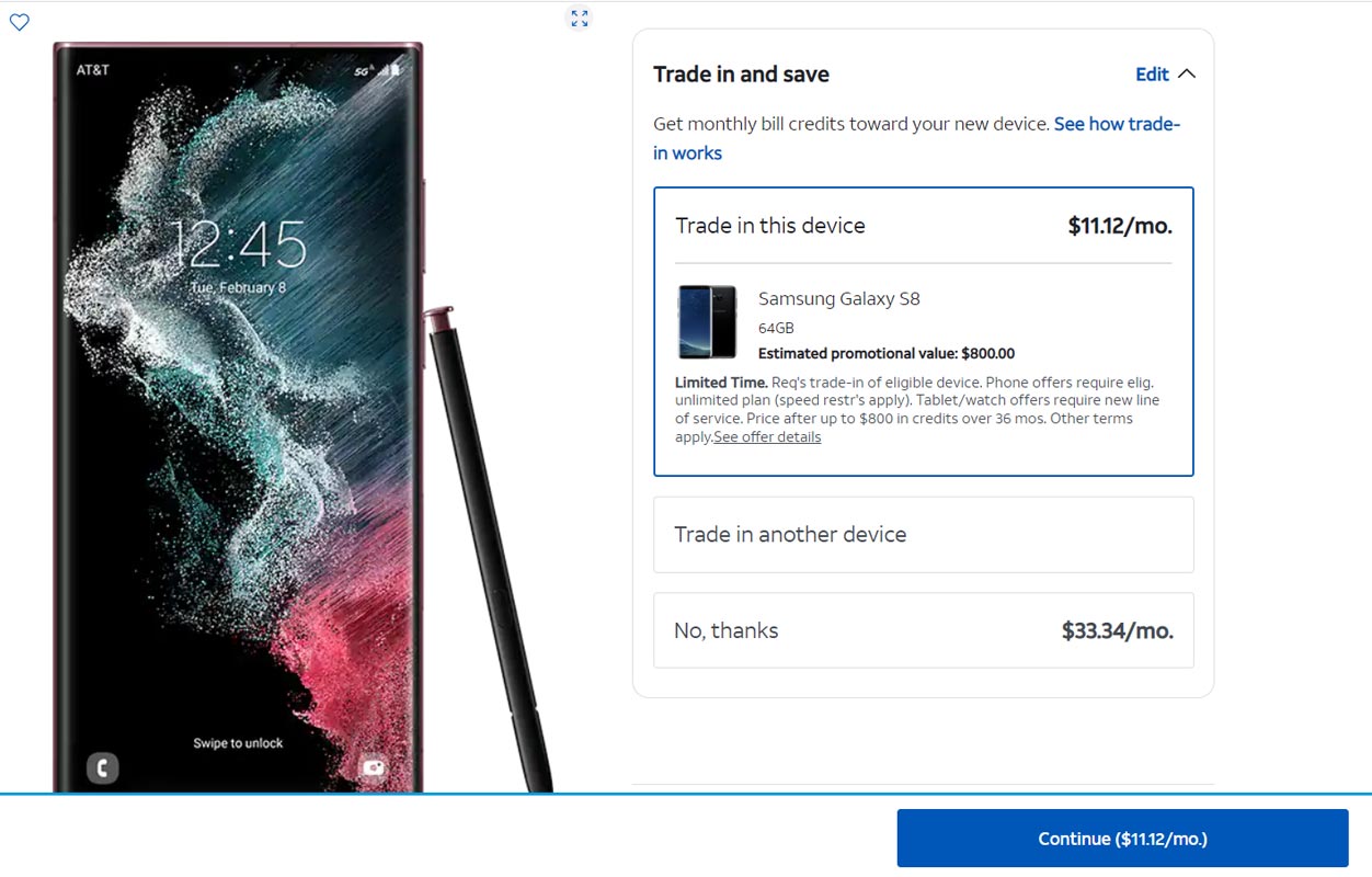 Samsung Galaxy S22 Ultra ATT Purchase using Trade-In