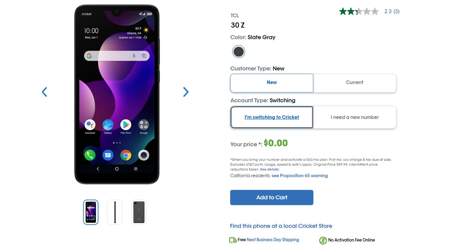 TCL 30 Z Cricket Wireless Free Option