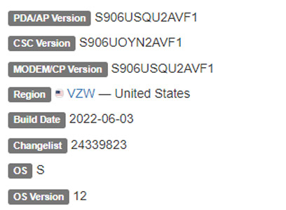 samsung galaxy s22 plus android 12 VZW firmware details