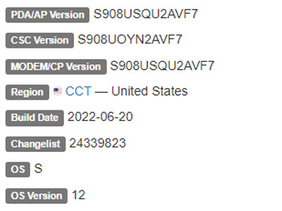 samsung galaxy s22 ultra 5g android 12 CCT firmware details