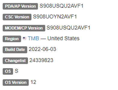 samsung galaxy s22 ultra 5g android 12 TMB firmware details