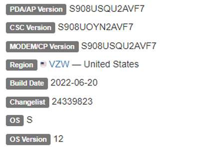samsung galaxy s22 ultra 5g android 12 VZW firmware details