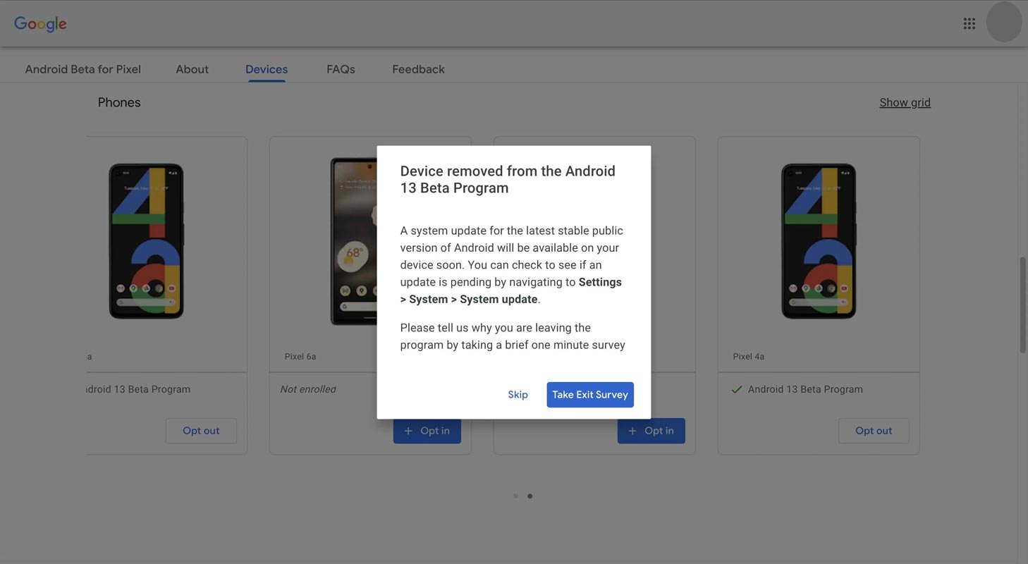 Android 13 Beta Opt-Out Confirmation