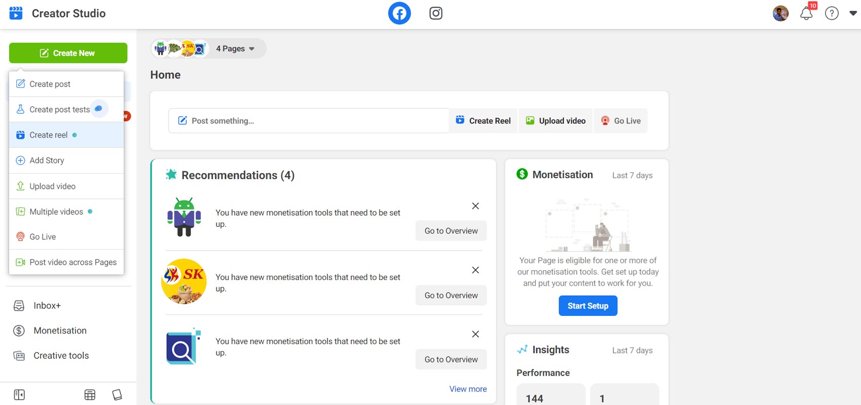 Facebook Creator Studio Home Page