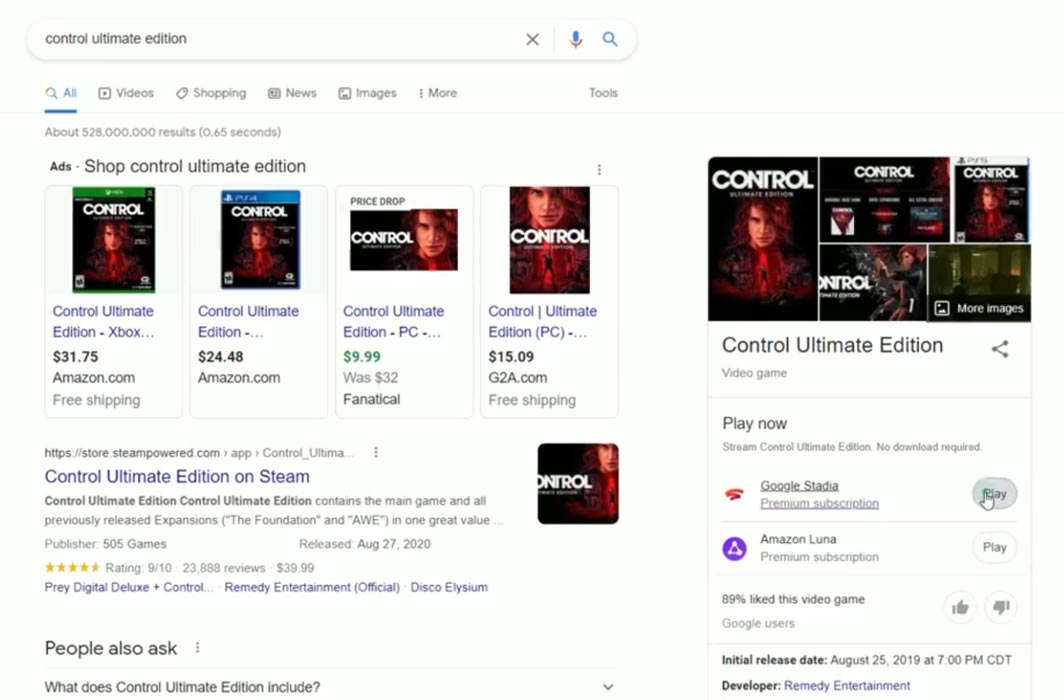 Google Search now showing Direct Cloud Games links
