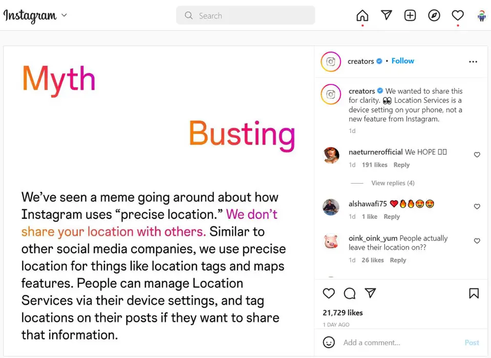 Instagram Official Statement about Location Sharing