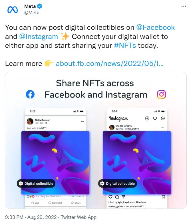 Meta Official Tweet about NFTs