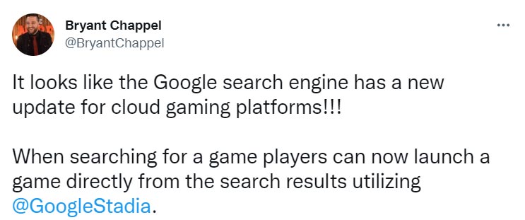 Tweet Google Search now showing Direct Cloud Games links