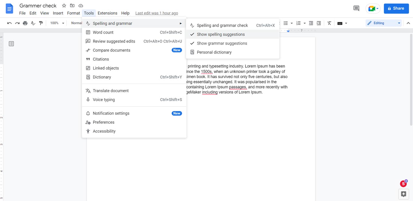 Google Docs Grammar and Spelling Check