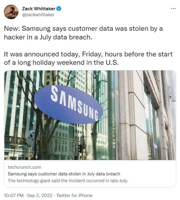 Samsung Julky 2022 Data Breach Tweet