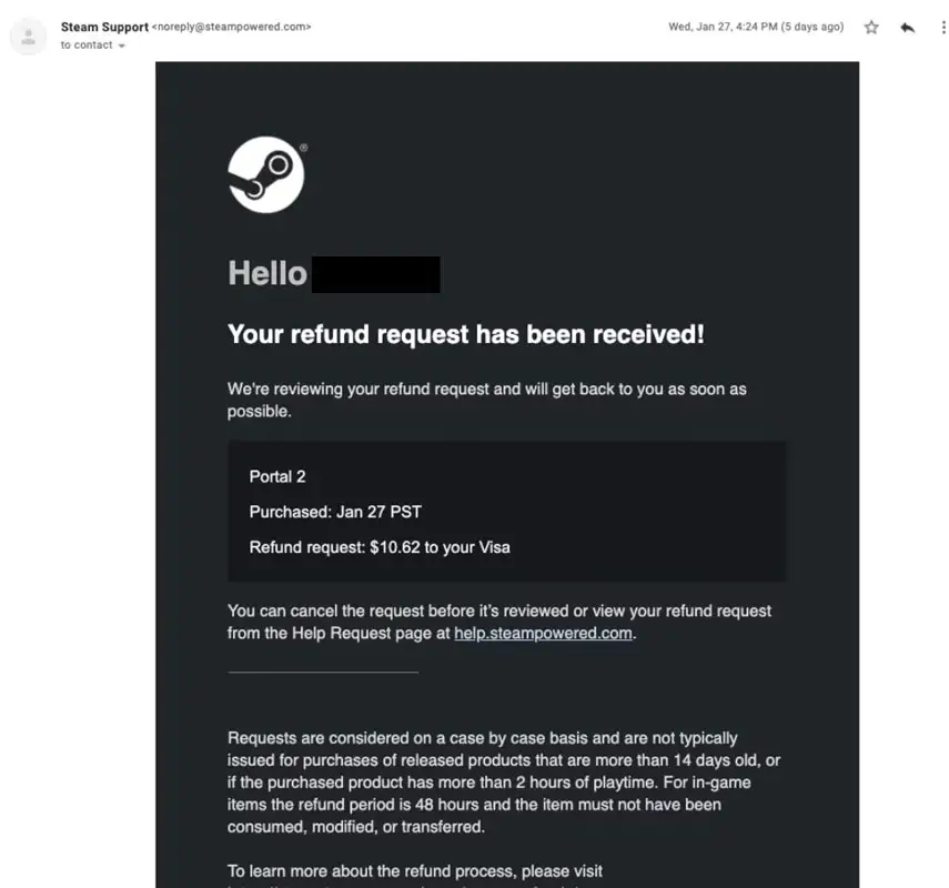 Steam Refund Approved Email