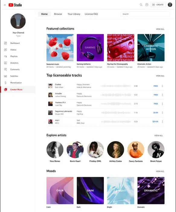 YouTube Creator Music Home Page