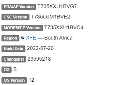 samsung galaxy tab s7 fe android 12 firmware details