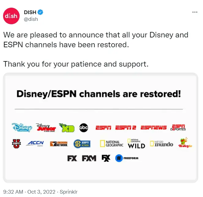 Disney ESPN Channels Restored on Dish