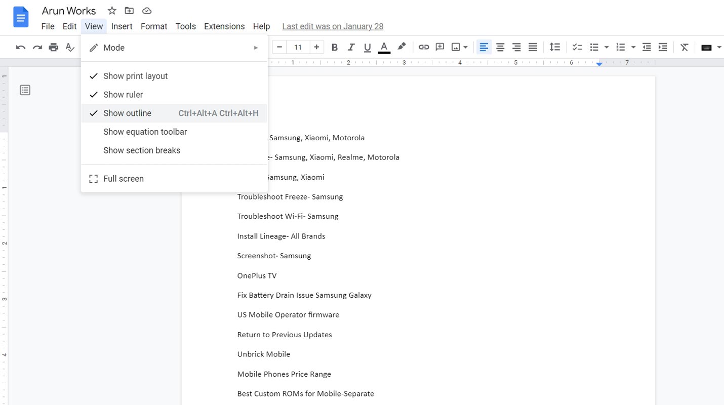 Google Docs Outline