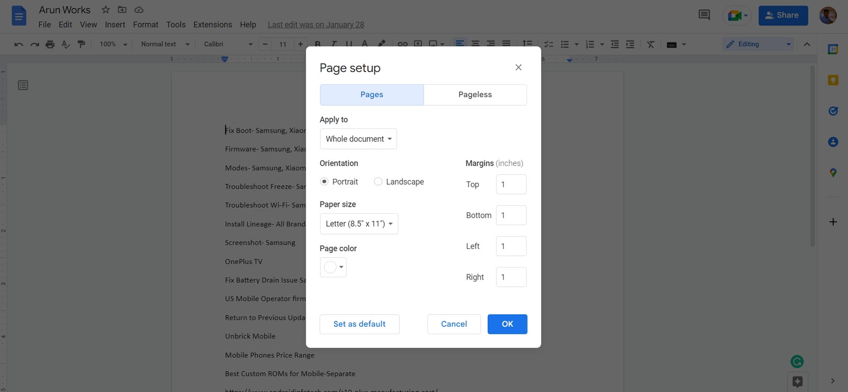 Google Docs Page Setup Margin