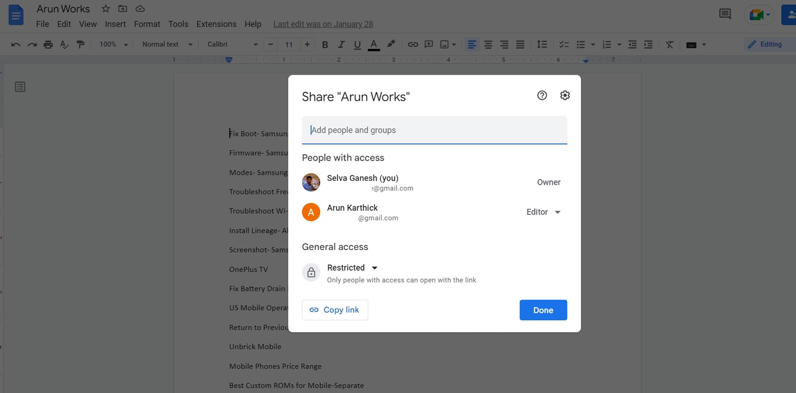 Google Docs Share