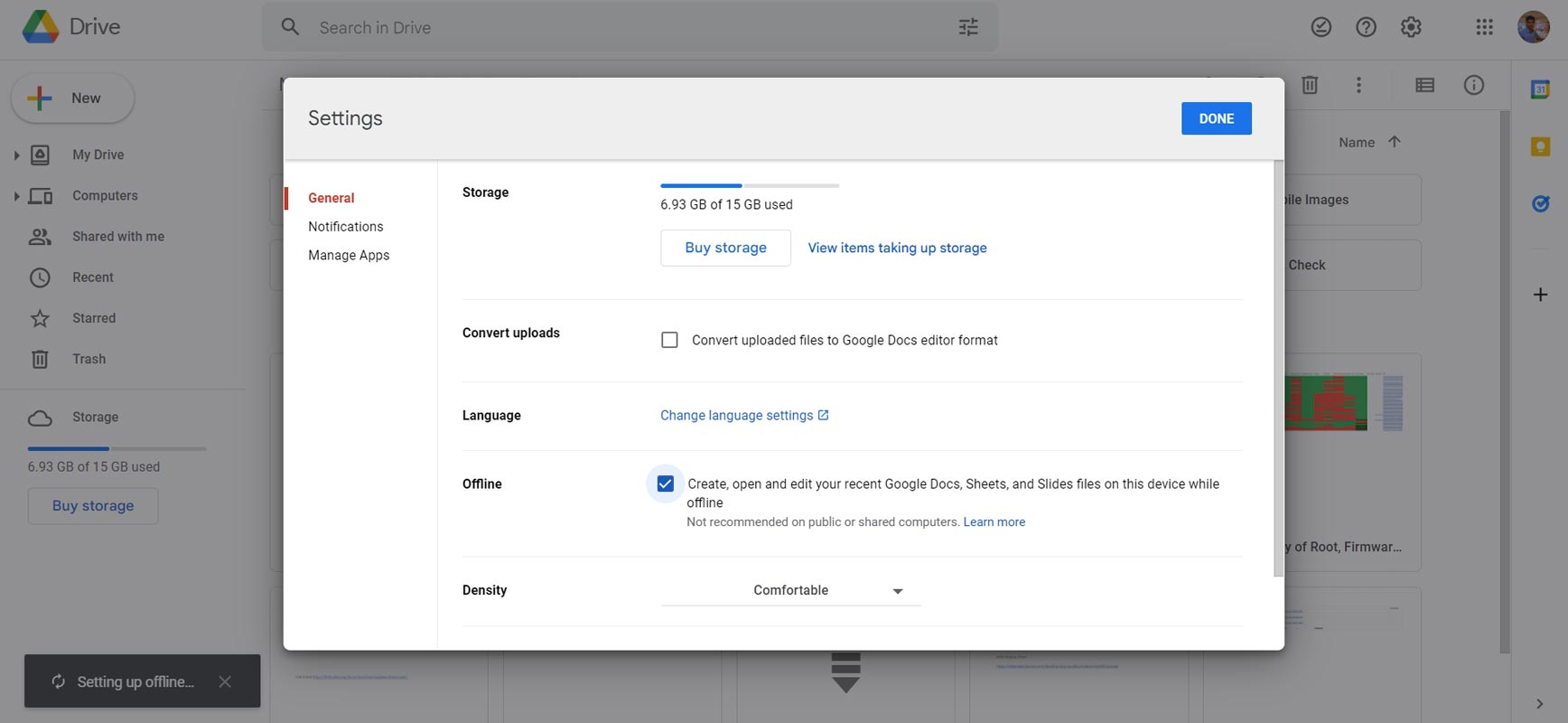 Google Drive Offline Settings