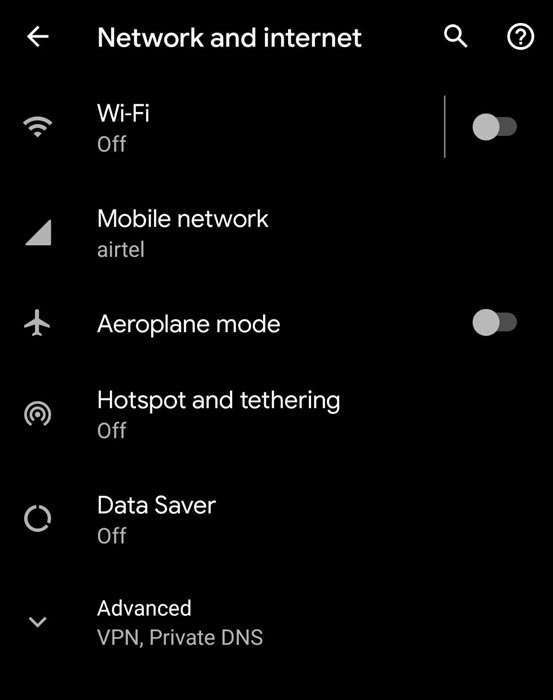 Network and Internet Settings in Mobile