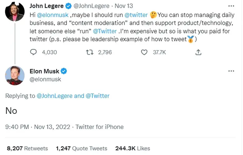 John Legere Tweet and Elon Musk Reply
