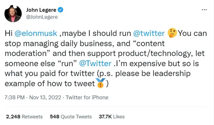 John Legere about Running Twitter Tweet