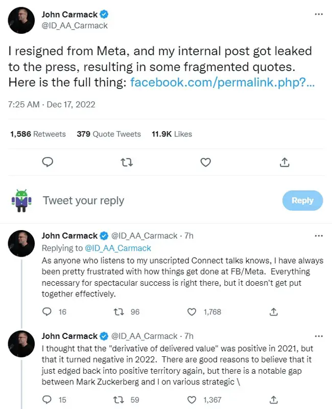 John Carmack Leaving Meta Tweet