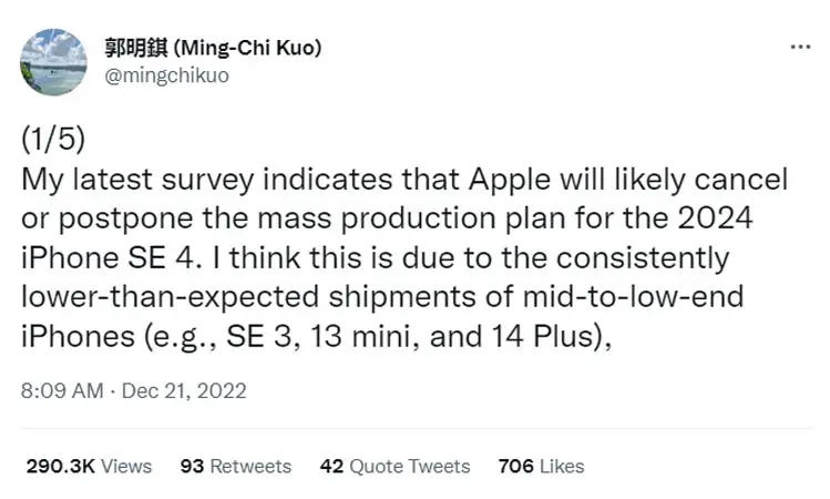 Analyst Ming-Chi Kuo Tweet About iPhone SE 2024 4th Gen Cancel