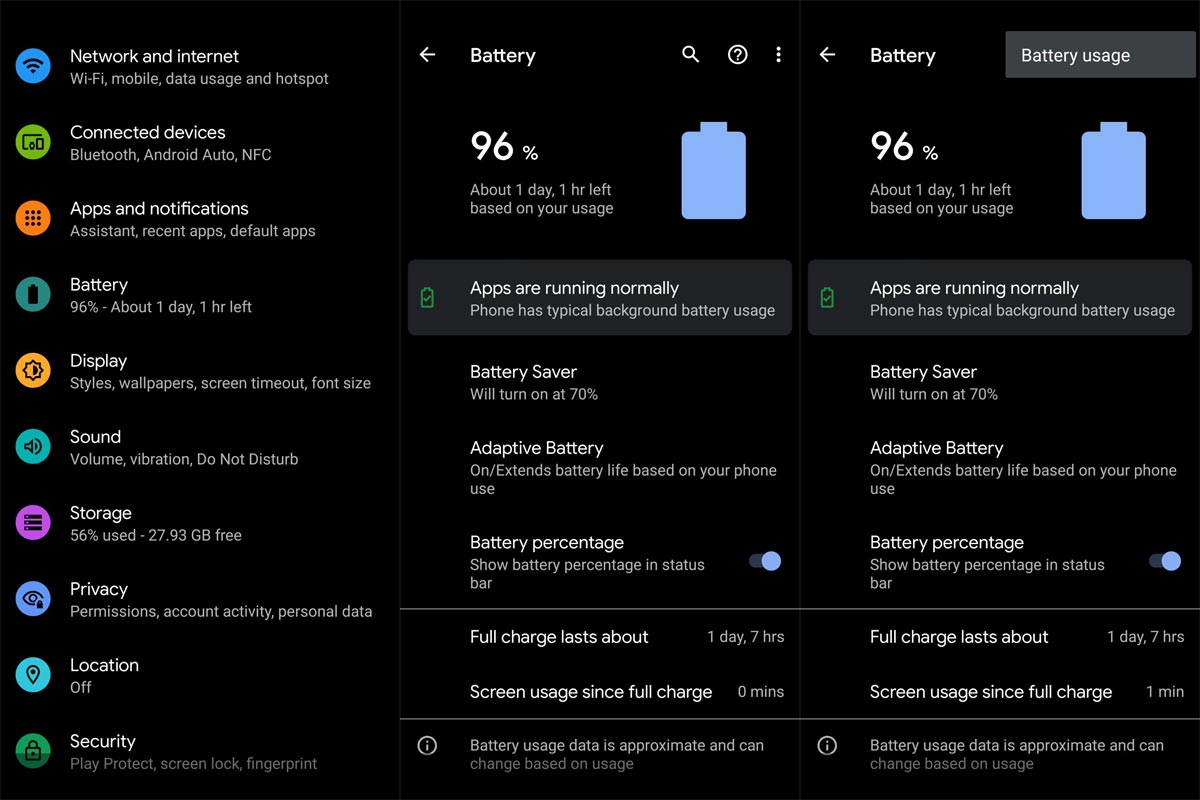 Battery Status and Settings Google Pixel