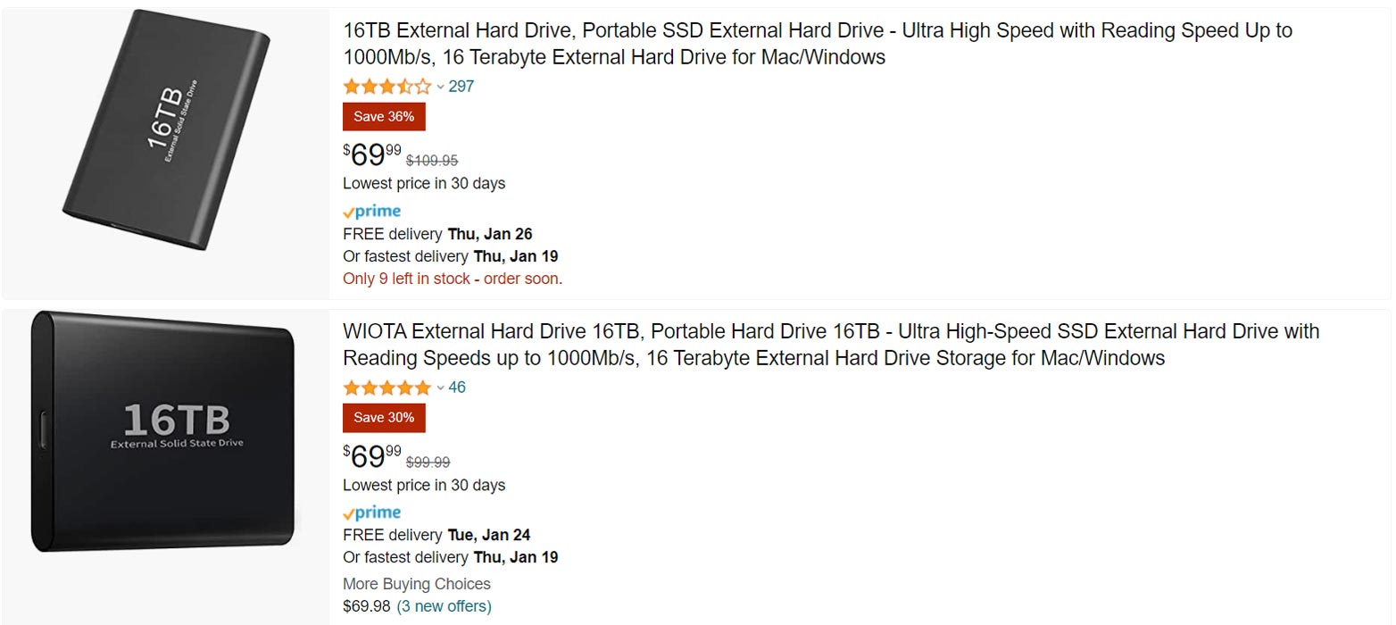 Fake 16TB SSD listed in Amazon
