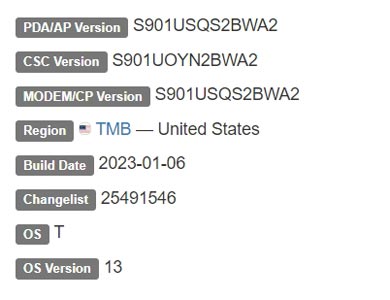 Samsung Galaxy S22 5G Android 13 Firmware Details