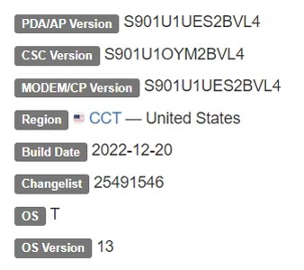 Samsung Galaxy S22 5G SM-S901U Comcast USA Android 13 Firmware Details