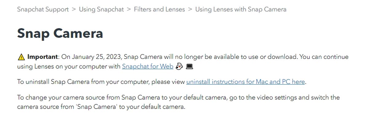 Snap Camera Shutdown Support Page