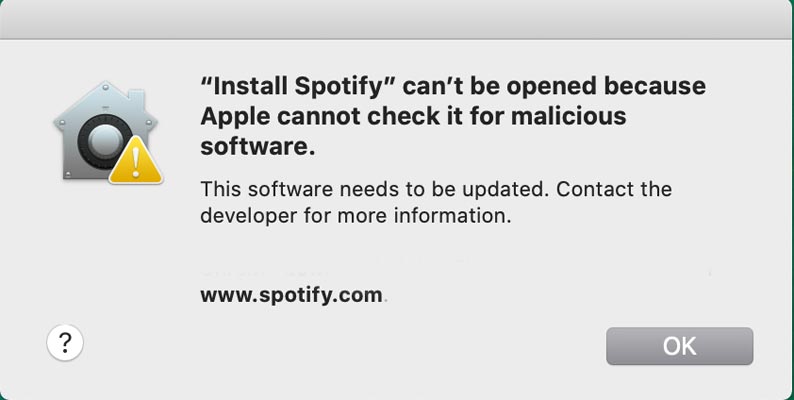 Apple can't check app for malicious software Spotify