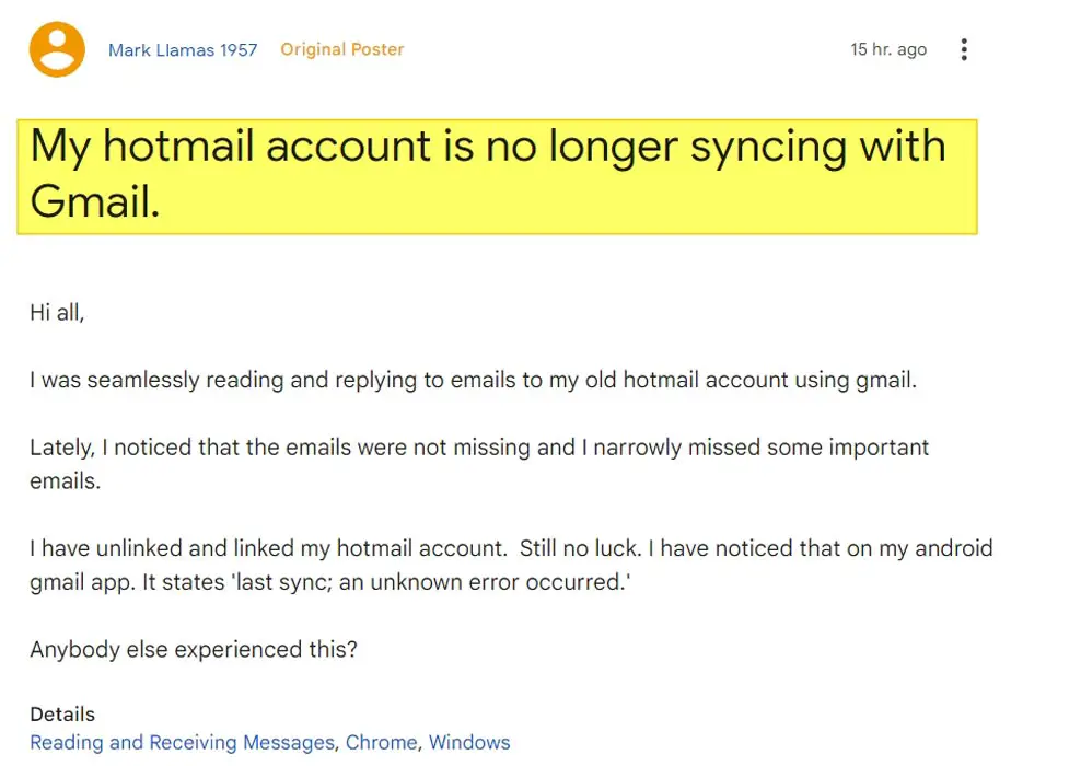 Gmail Android App Unable to sync Hotmail or Outlook Original post