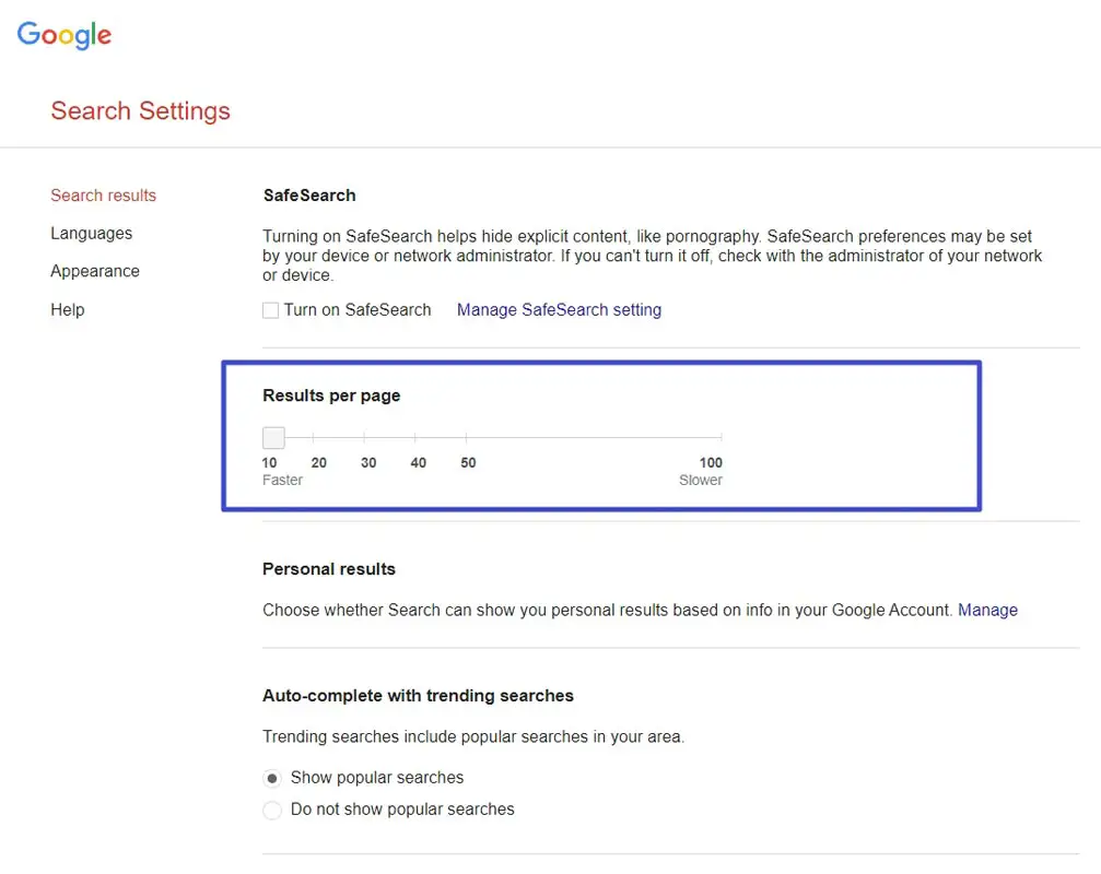 Google Search Results Page Settings