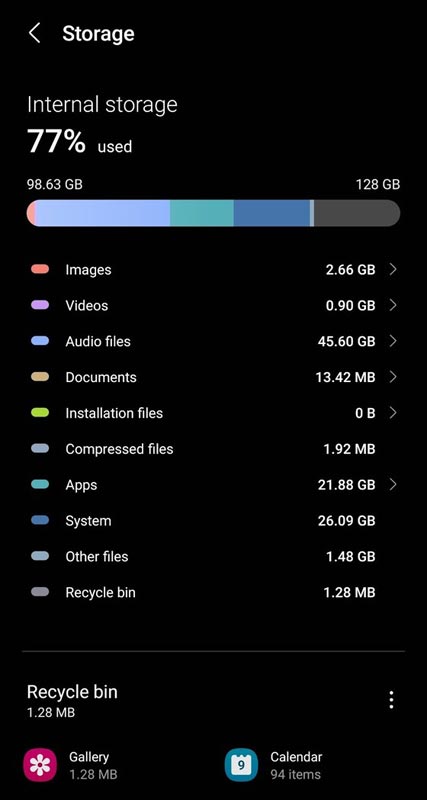 Samsung Galaxy S23 128GB Storage Screenshot