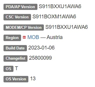 Samsung Galaxy S23 Android 13 Firmware Details