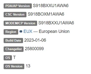 Samsung Galaxy S23 Ultra Android 13 Firmware Details