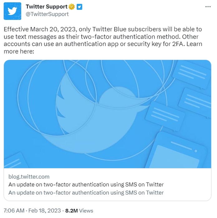 Twitter Two Factor SMS Verification Users Official Tweet