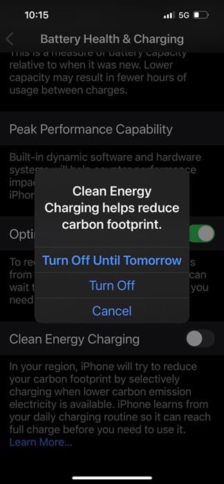 iOS 16.1 Clean Energy Charging Warning