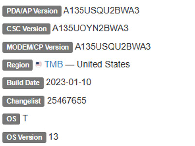 samsung galaxy a13 android 13 TMB firmware details