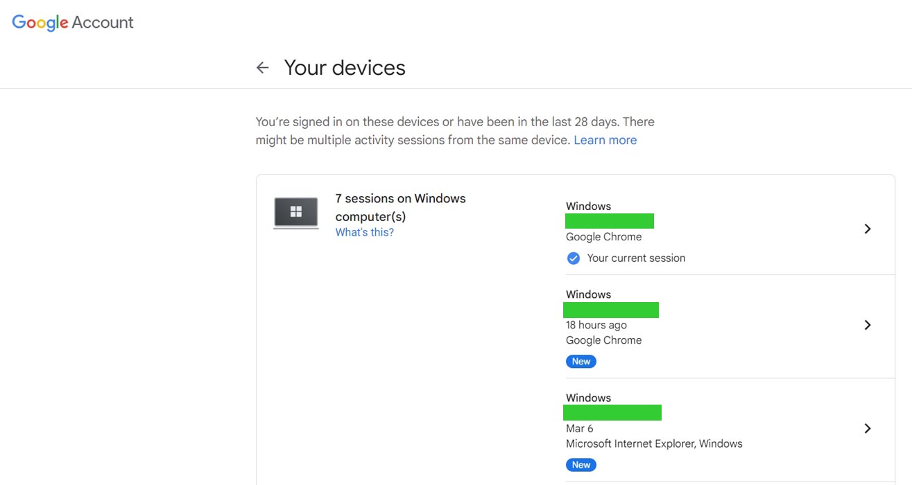 Google Logged in Devices List