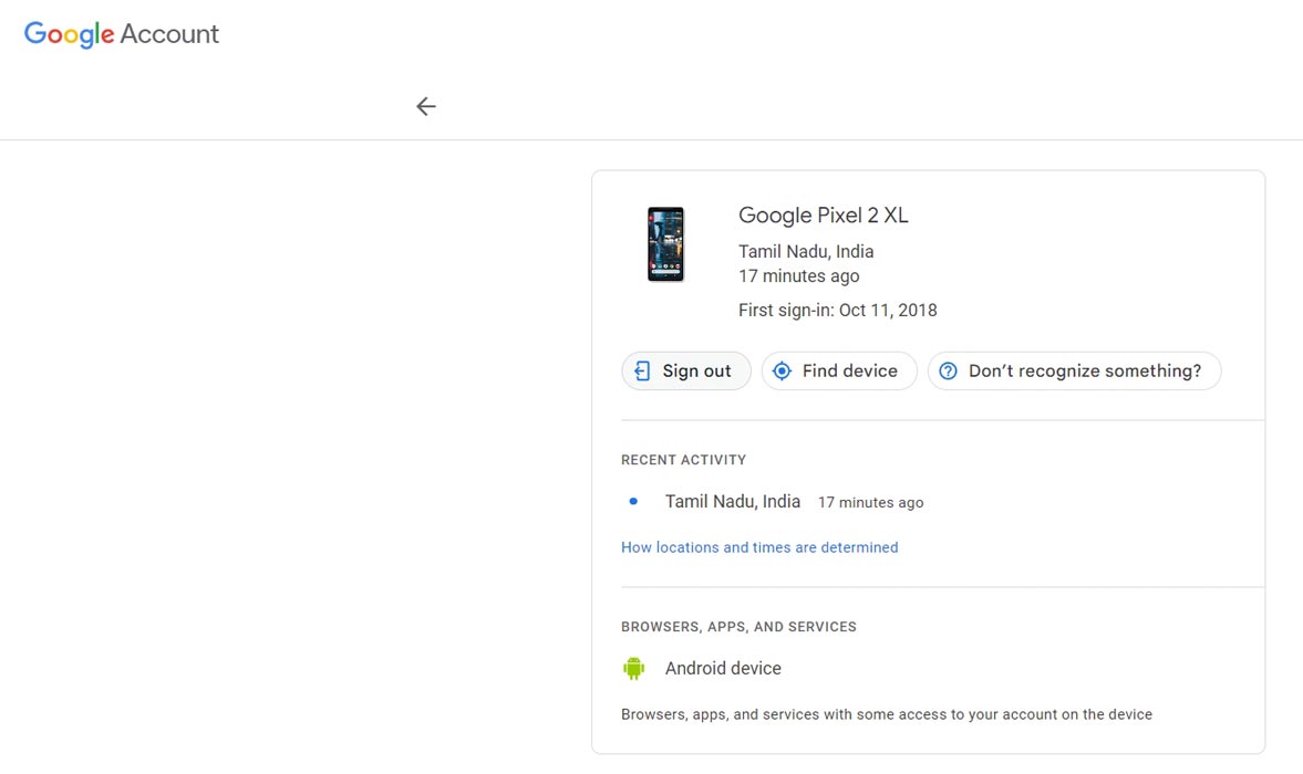 Google Pixel 2 XL Account Sign Out