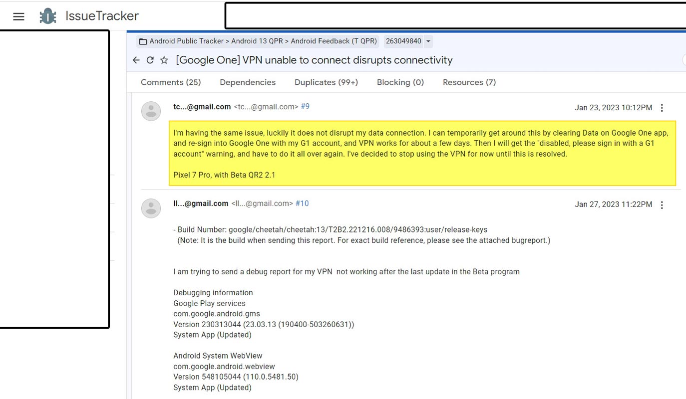 Google VPN Issue Tracker