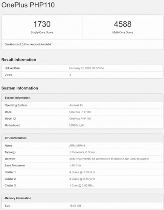 OnePlus Ace 2V Geek Bench Leaked Score