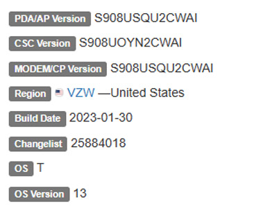 samsung galaxy s22 ultra android 13 VZW firmware details
